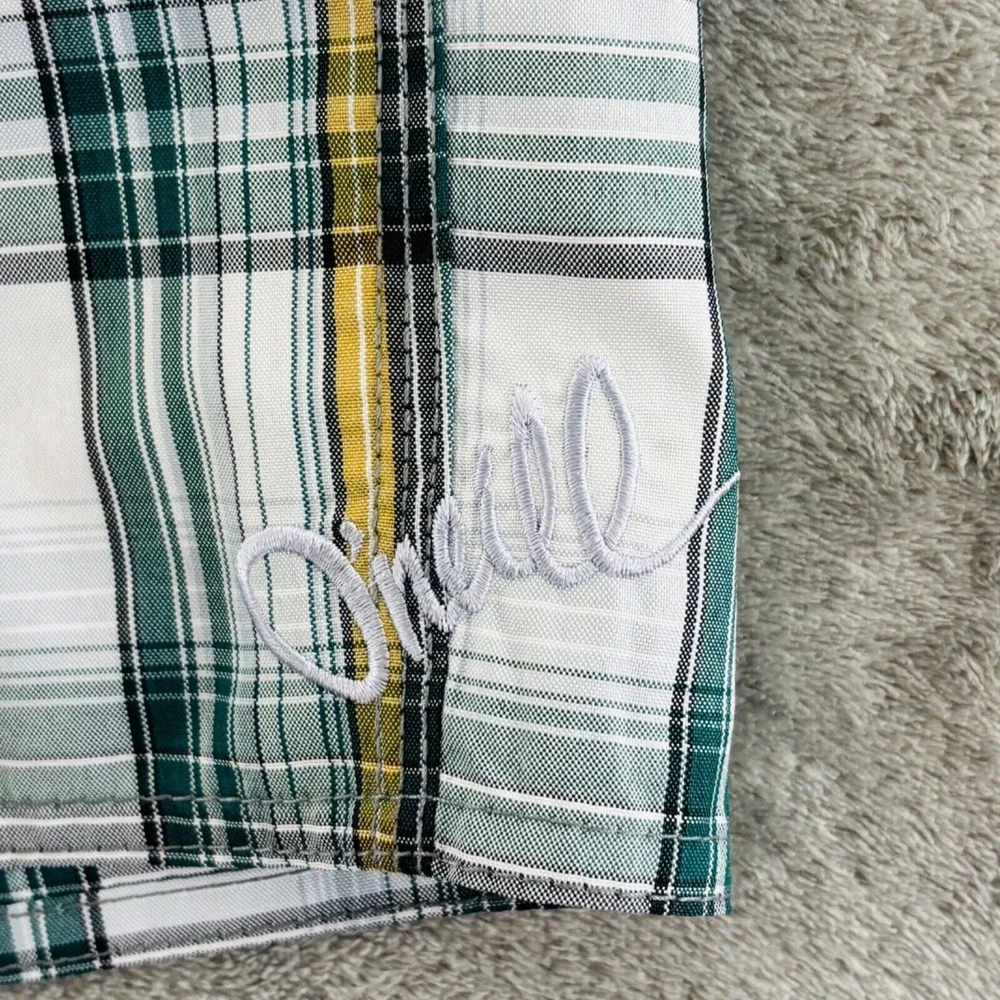 O'Neill Plaid Cargo Board Shorts Mens 32 Green‎ White Yellow Unlined Drawstring